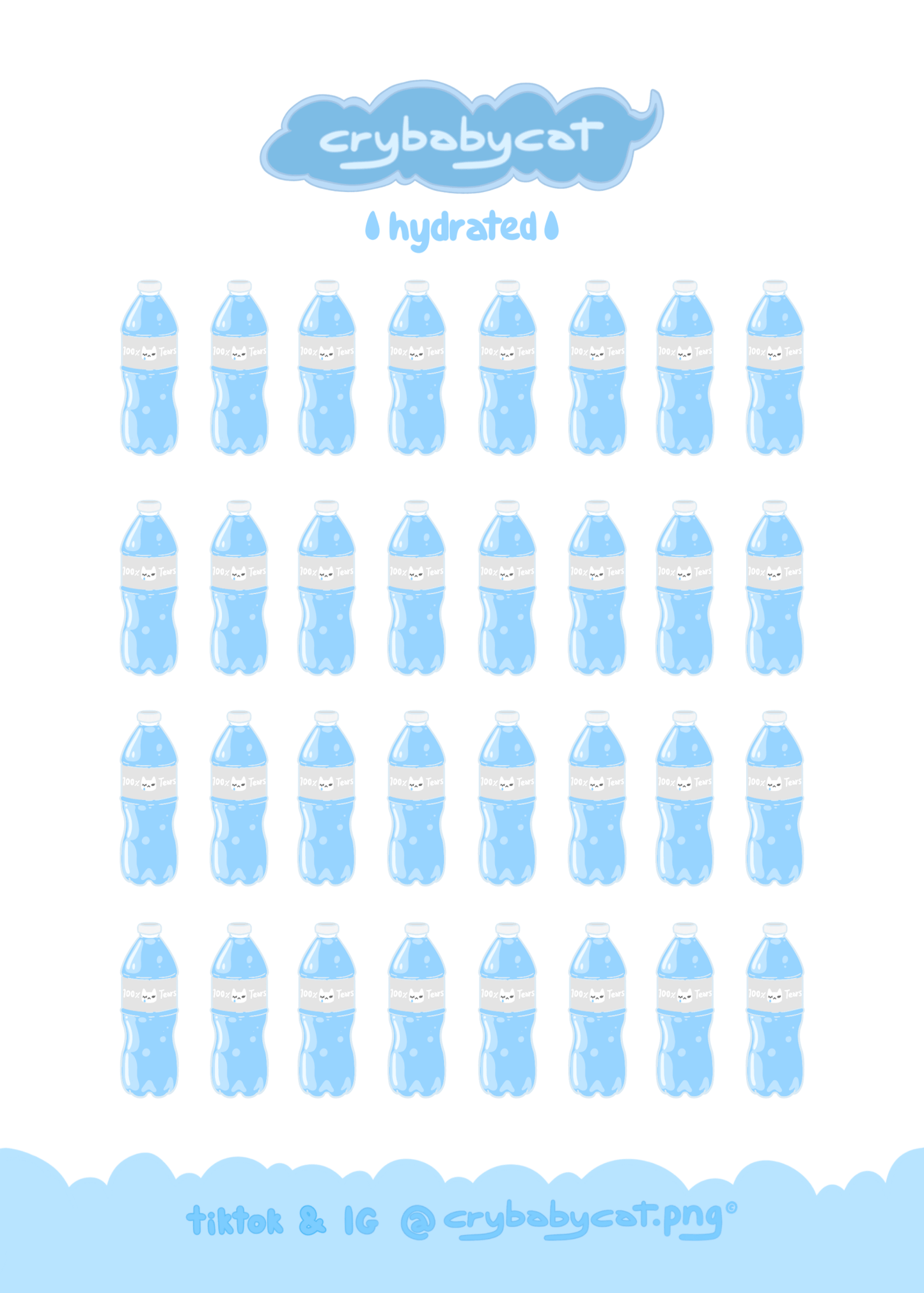 100% Tears Water Bottle Mini Sticker Sheet - CrybabyCat Studio