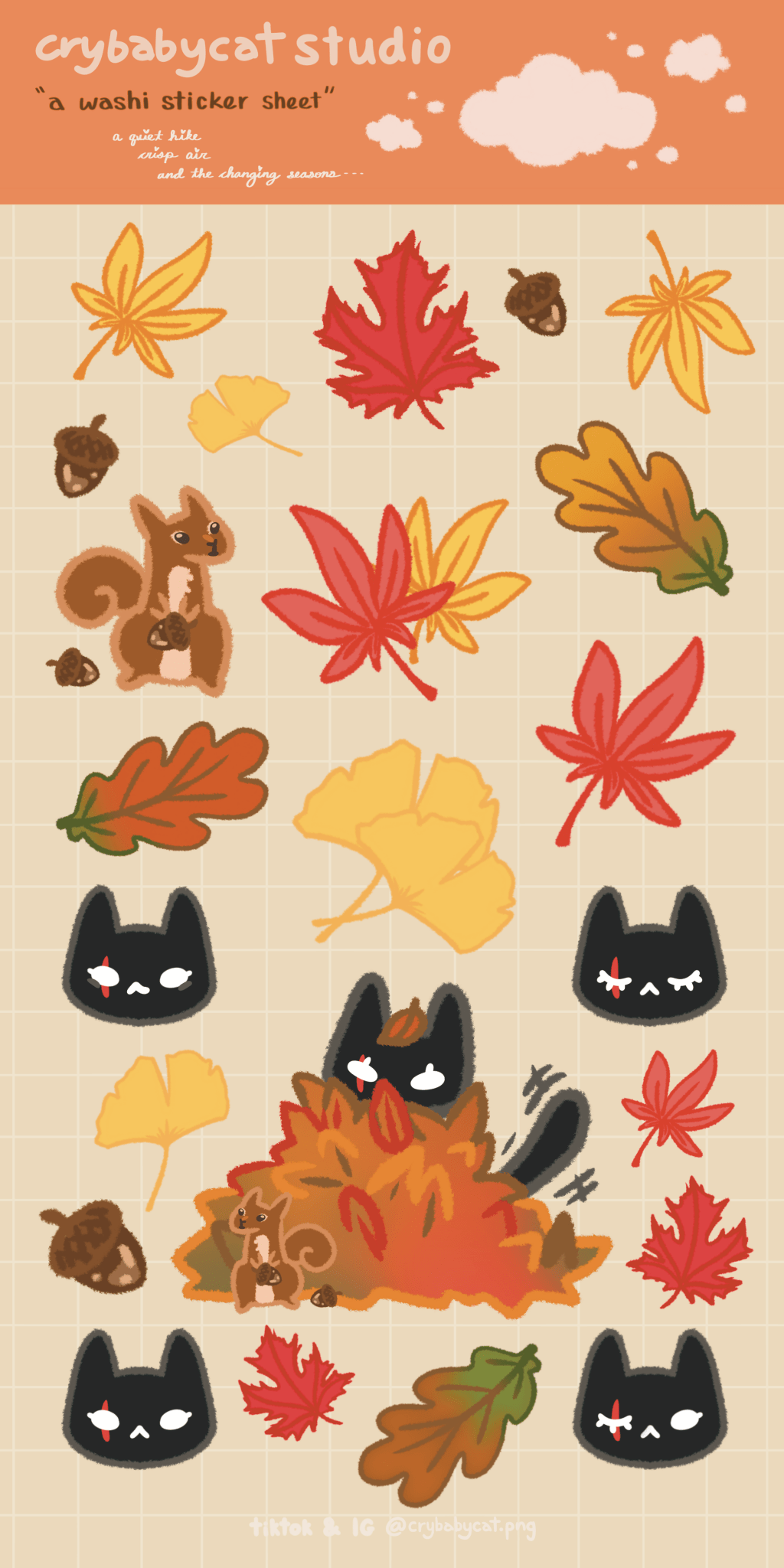 Autumn Leaves Autumn Breeze 🍁🍂 - Washi Sticker Sheet - CrybabyCat Studio